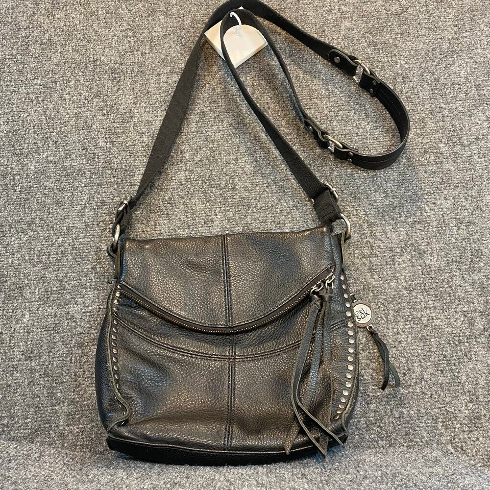 The Sak Silverlake Black Pebbled Leather Studded Crossbody Bag Purse Tassel